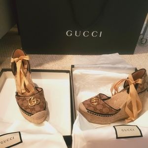 GUCCI Ankle Tie Wedge Platform Espadrille Sandals 39.5